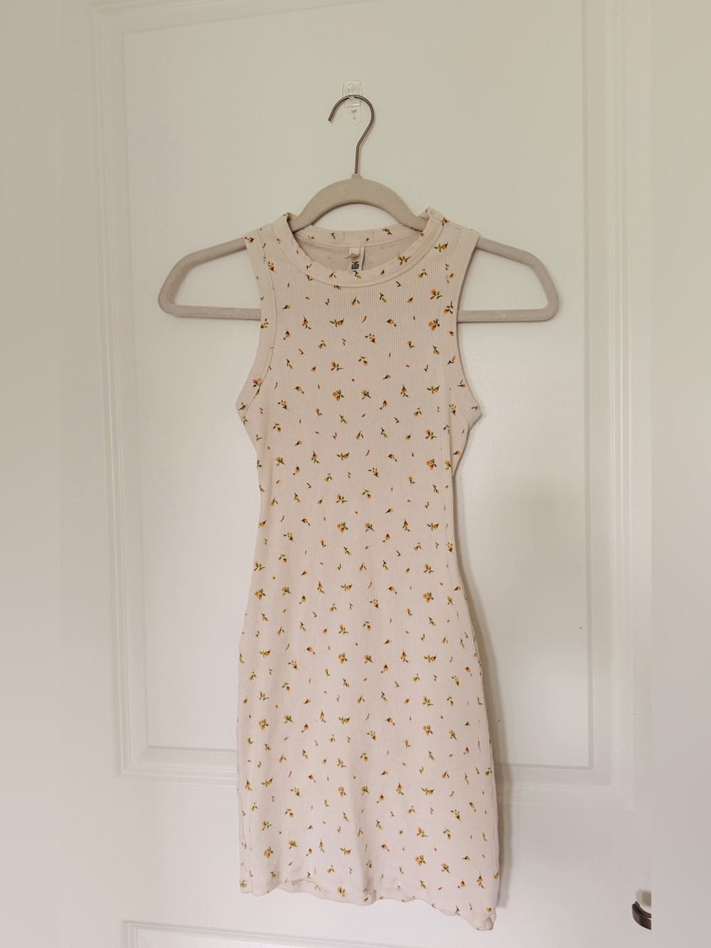 SKIMS Cream Ditsy Floral Ribbed Bodycon Mini Dress XS